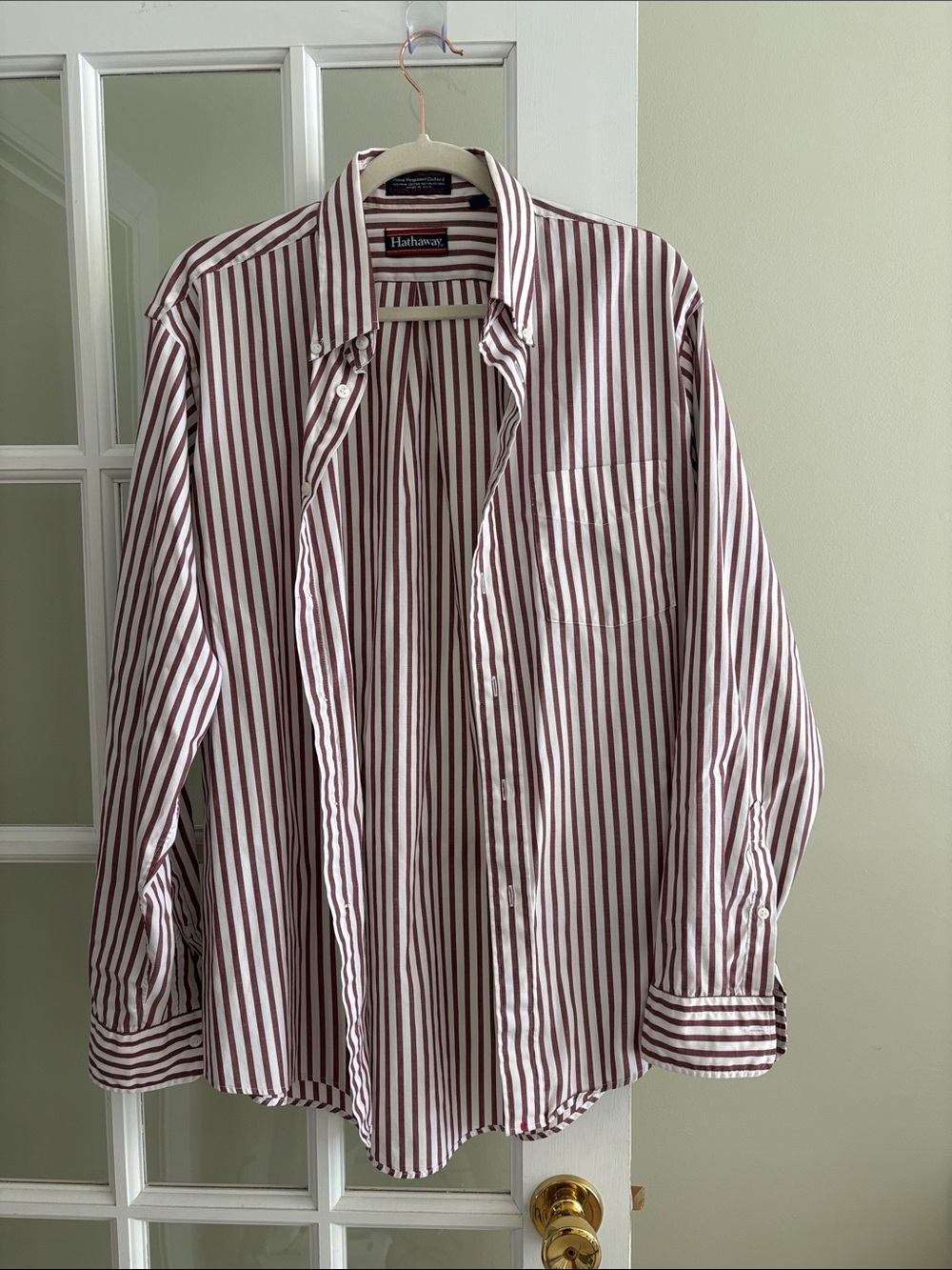 Hathaway Burgundy & White Vertical Stripe Dress Shirt - Classic Fit
